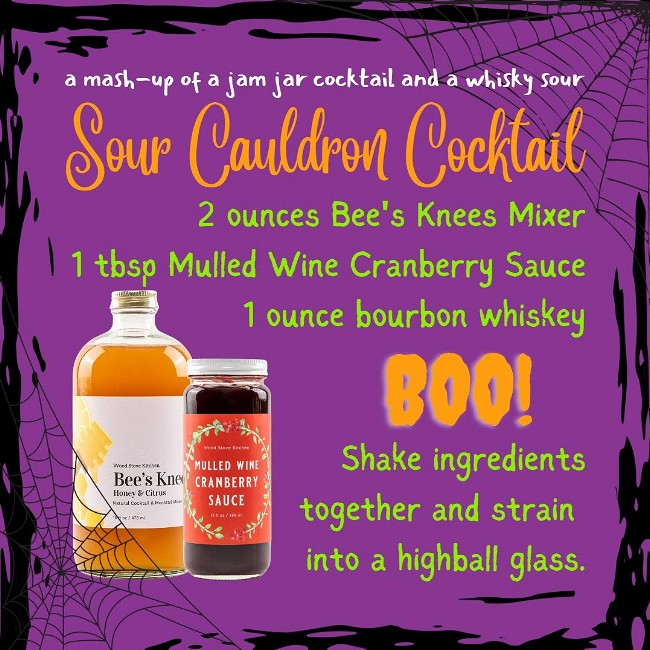 Image of Sour Cauldron Cocktail with Bee’s Knees Mixer and Mulled Wine Cranberry Sauce