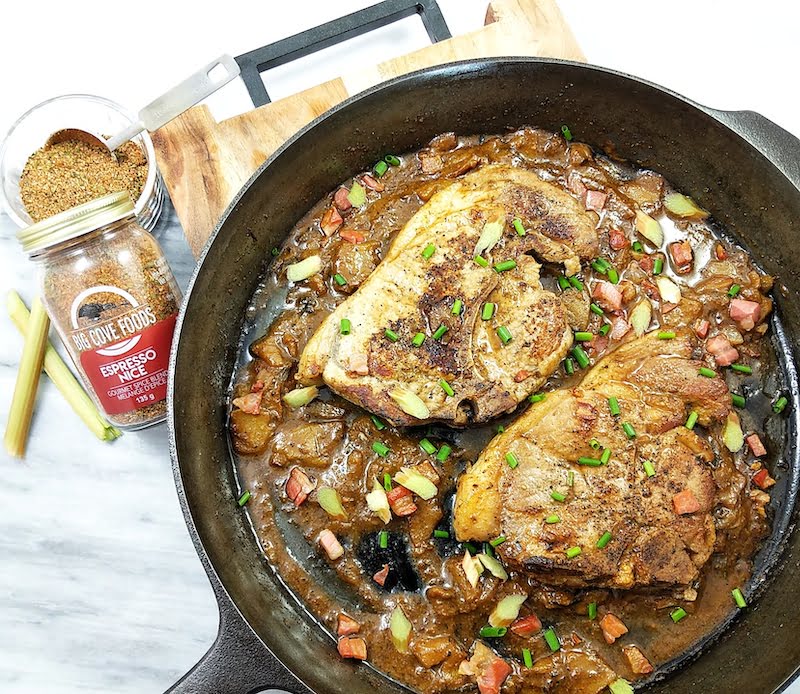 Pork Chops with Apple + Rhubarb Pan Sauce