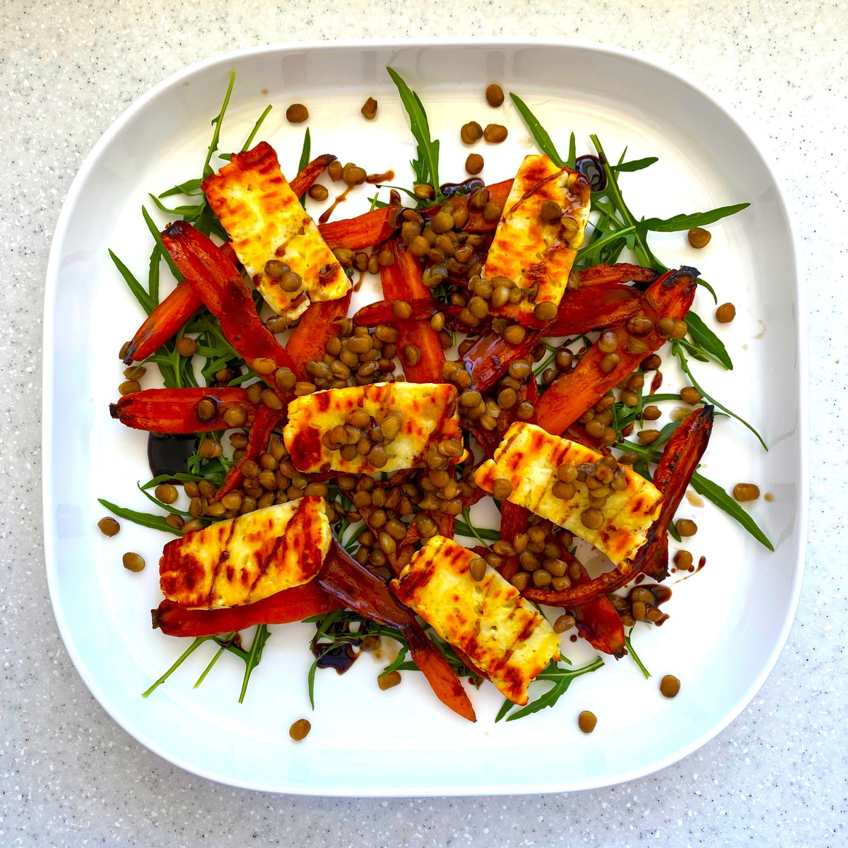 Black Honey Roasted Carrot and Halloumi Salad