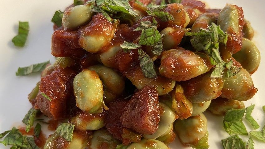 Image of Broad bean and chorizo with tiptree tomato ketchup