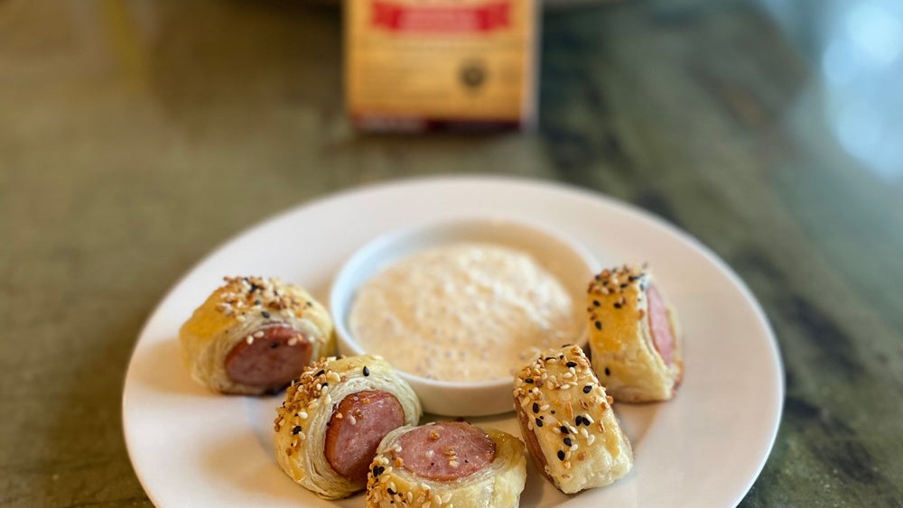 Image of PIGS IN A BLANKET WITH EASY CREAMY MUSTARD SAUCE