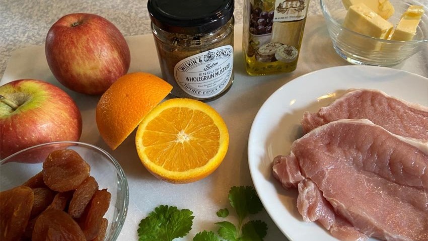 Image of Pork chops with a fruit sauce - black currant jam or medlar jelly