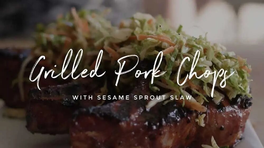 Image of Grilled BBQ Pork Chops with Sesame Sprouts Slaw