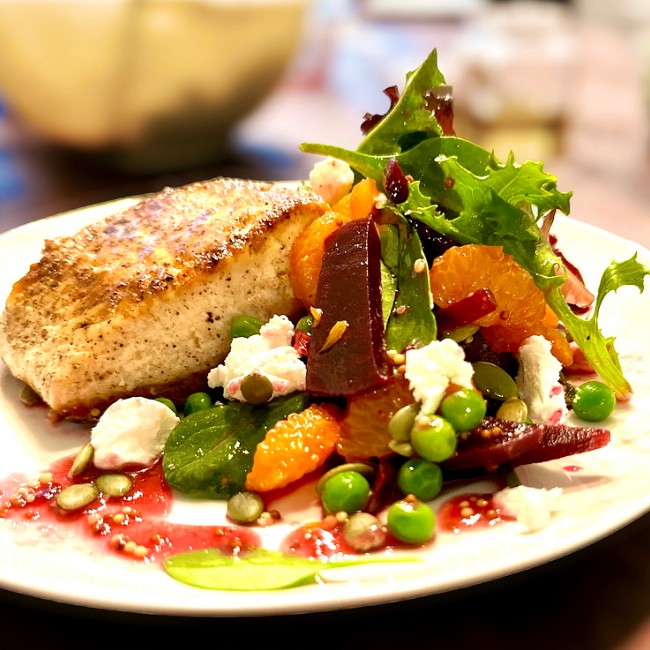 Image of Salmon with Pickled Beet and Mandarin Orange Salad