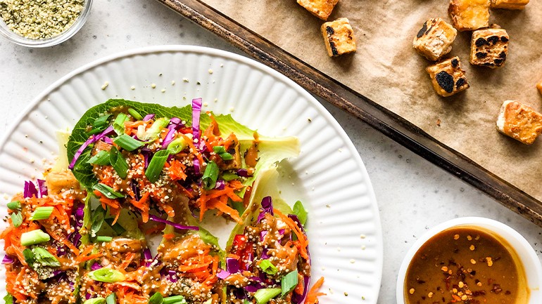 Image of Tofu Lettuce Wraps with Maca Peanut Sauce