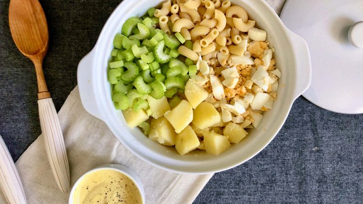 Image of Combine cooked macaroni, hard-boiled eggs, potatoes, and celery. Note: One...