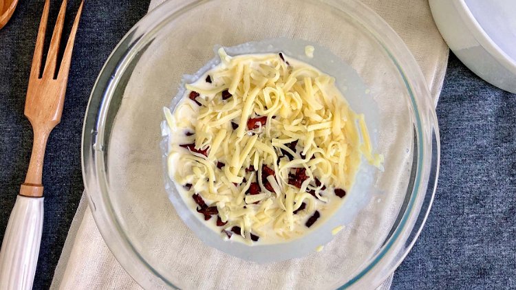 Image of Mix mayonnaise, sugar, onion, cheese, and crumbled bacon. Season to...