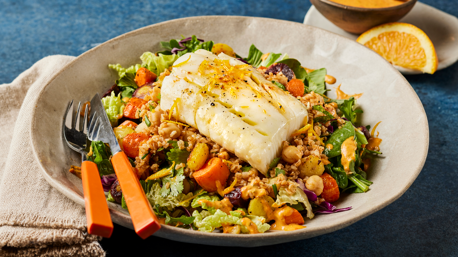Image of Smokey Harissa Baked Alaska Cod Grain Bowl