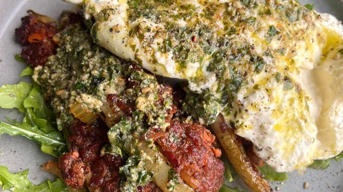 Image of Smoked Italian Stuffed Peppers with Burrata and Pesto Cream