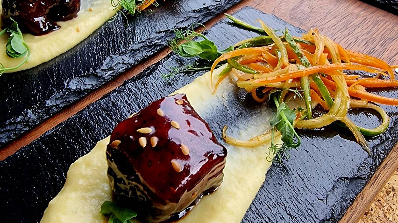 Image of Korean BBQ Pork Belly with apple puree and carrot slaw