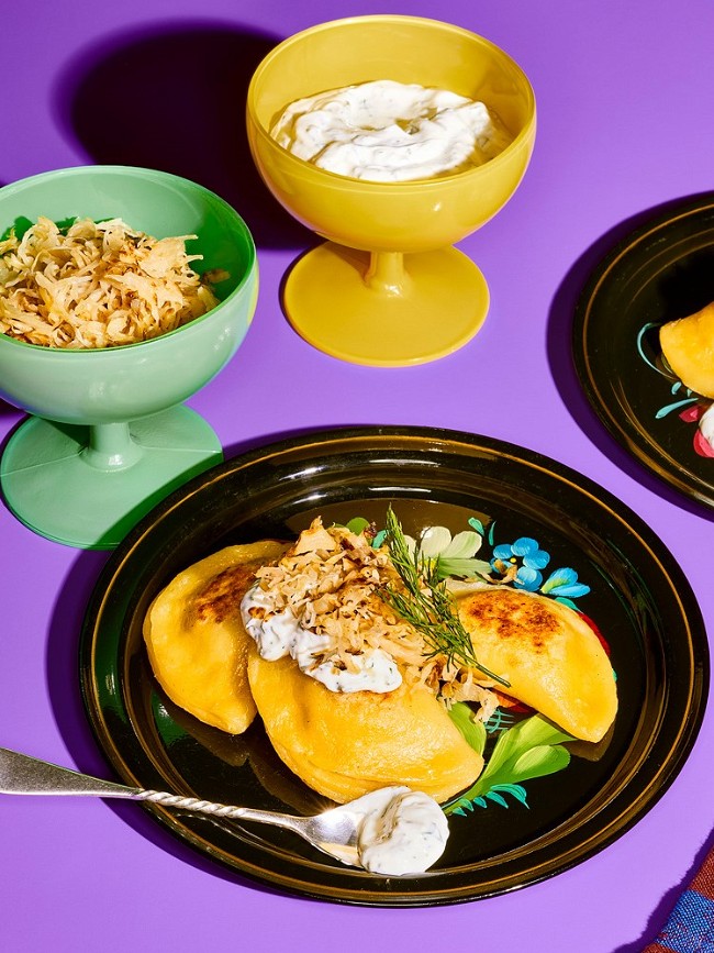 Image of Pierogies with Caramelized Kraut and Lemon Dill Yogurt