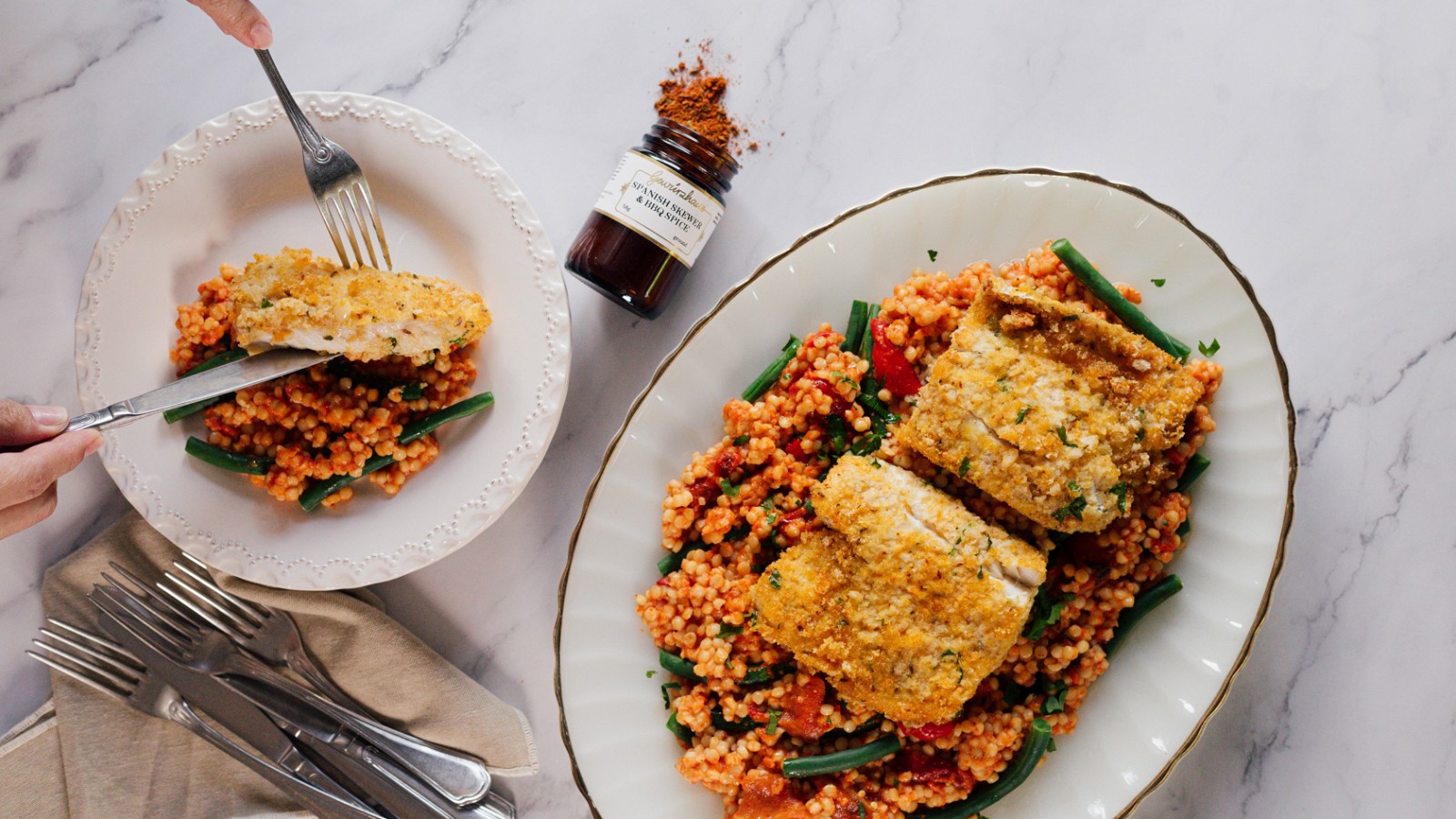 Image of Spanish Crumbed Fish with Red Pepper Cous Cous