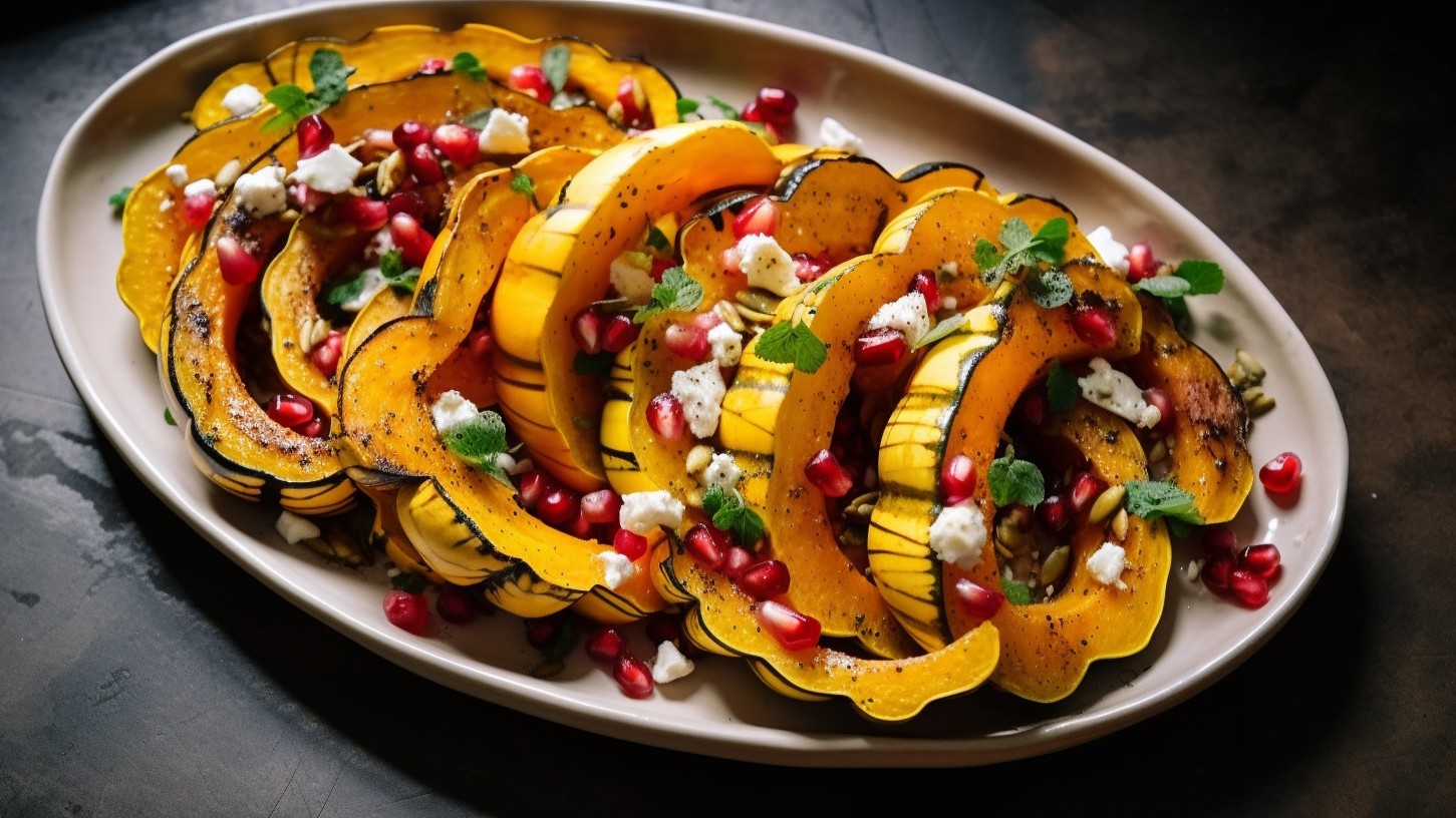 Image of Delicata Squash with Goat Cheese and Pomegranate Seeds