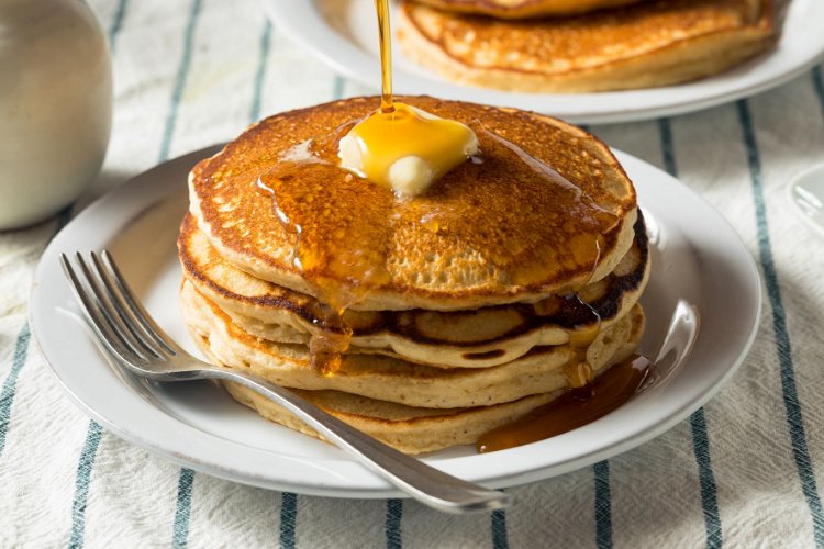 Image of Serve pancakes hot with maple syrup, butter and your favorite...
