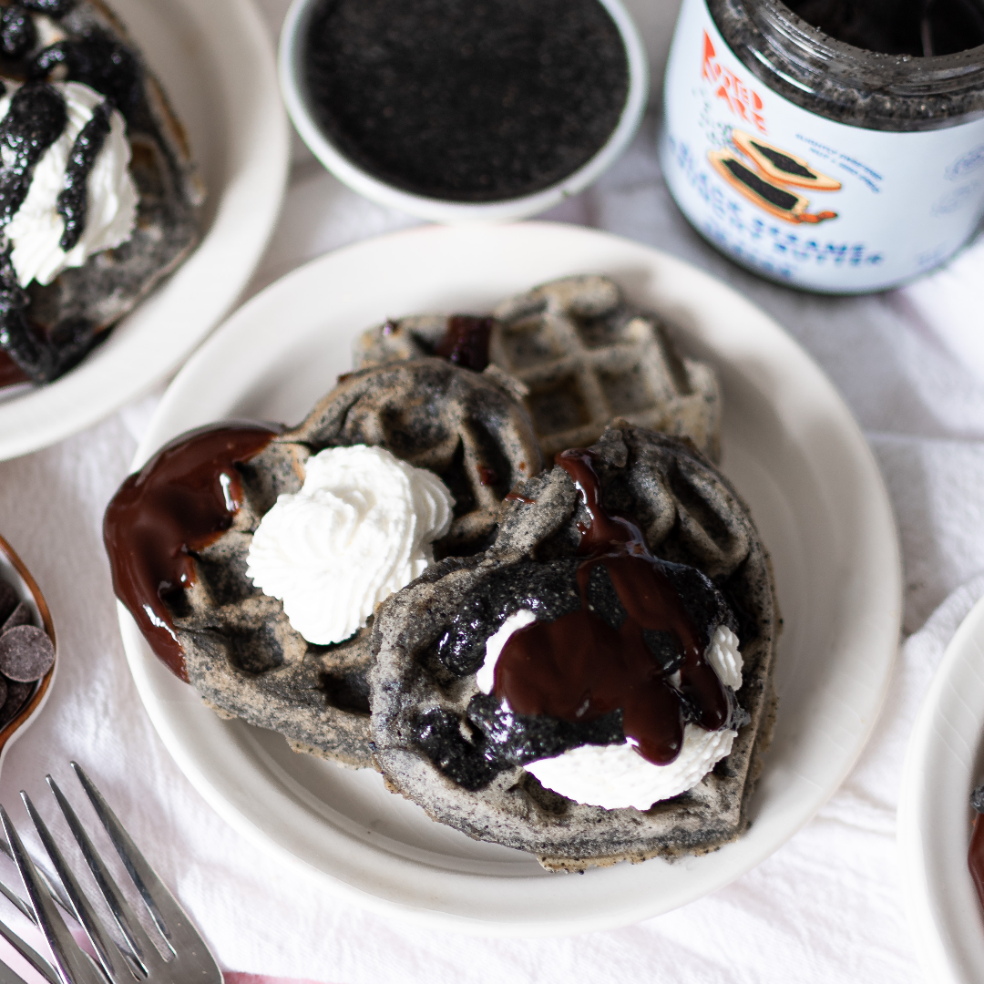 Black Sesame Mochi Waffles with Chocolate Sauce