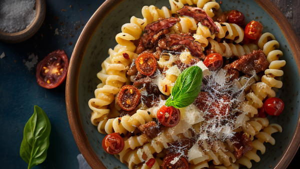 Caramelized Onion &amp; Bacon Jam Cavatappi with Cherry Tomatoes &amp; Parmesan-image