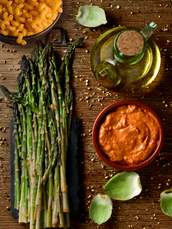 Image of Roasted Pepper Romesco Pasta with Almonds & Asparagus