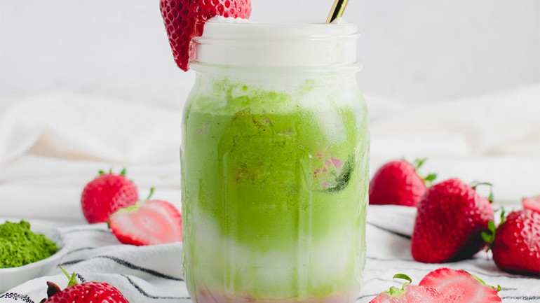 Image of Creamy Iced Strawberry Matcha Latte Recipe