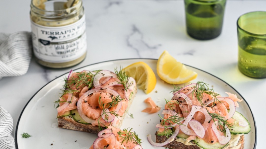 Image of Smoked Salmon Tartine with Dill Pickle Mustard