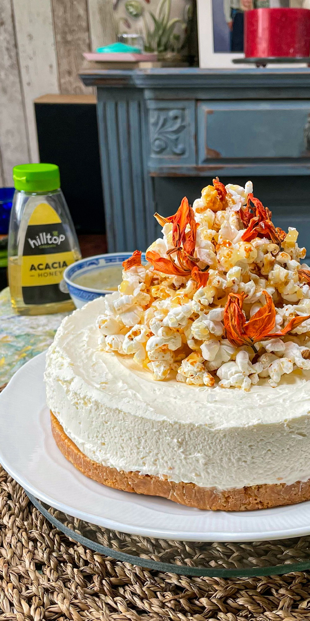 Salted Acacia Honey & Ginger Cheesecake With Sweet Popcorn