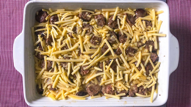 Image of Beat eggs with milk and seasonings. Pour over bread, cheese, and meat. Cover and refrigerate overnight.