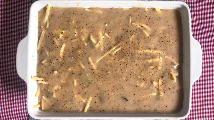 Image of Before baking, pour mushroom soup over bread, meat, and cheese. Bake at 350 for 1 hour.