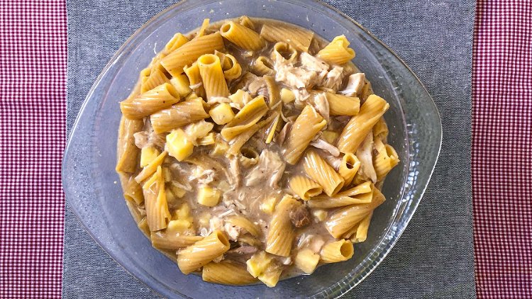 Image of Mix chicken with cream of mushroom soup, noodles, and cheese....