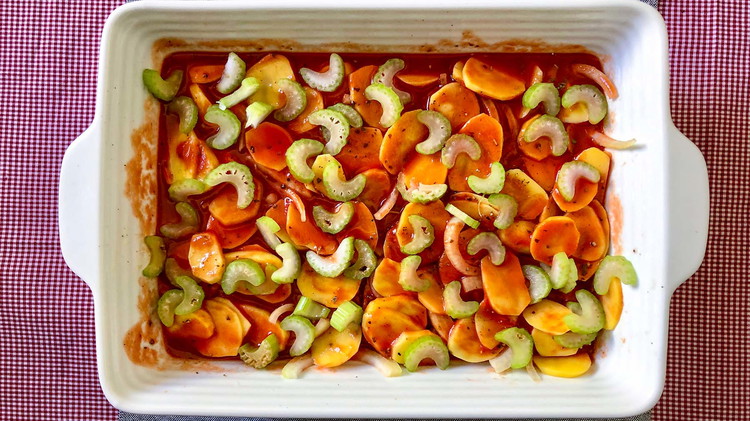 Image of Pour half of the tomato mixture over the potatoes and onions. Add sliced or diced celery.