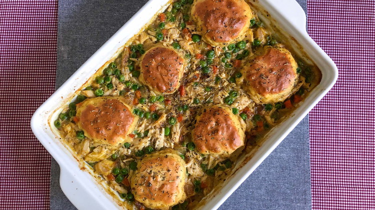 Image of Bake casserole for 20-25 minutes at 400 until dumplings are golden brown. Let the casserole rest for 10 minutes before serving.