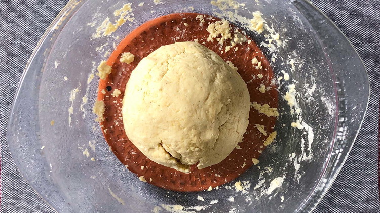 Image of For the dough, mix together flour baking powder, and salt. Then add milk and shortening or butter—form dough into a ball. Preheat oven to 350°
