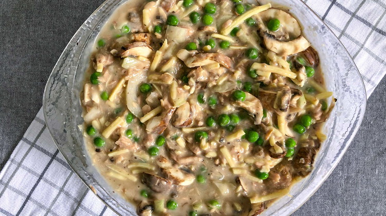 Image of In a large mixing bowl, combine onion, mushrooms, cheese, peas, tuna, and condensed soups.