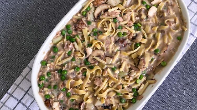 Image of Combine noodles with the sauce mixture and transfer to greased casserole pan. If you need more liquid, add milk.