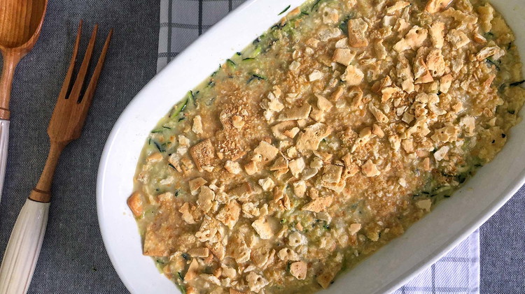 Image of Combine zucchini and onion with egg and milk mixture. Bake at 350° for 1 hour.