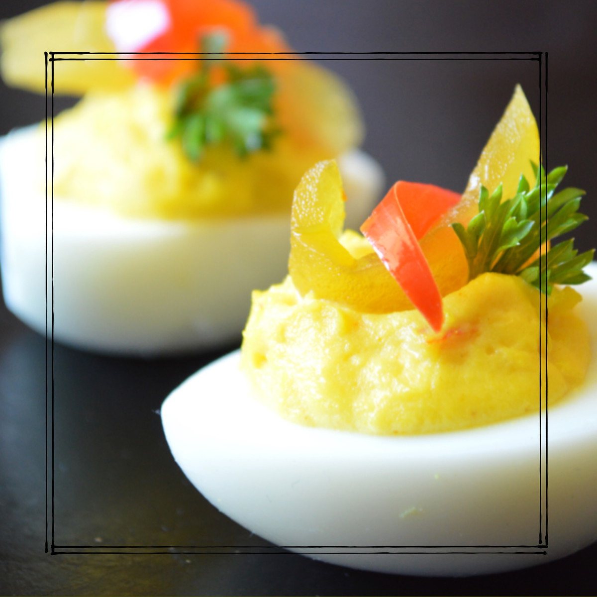 Deviled Eggs with Green Tomato Pickled Pepper Hash