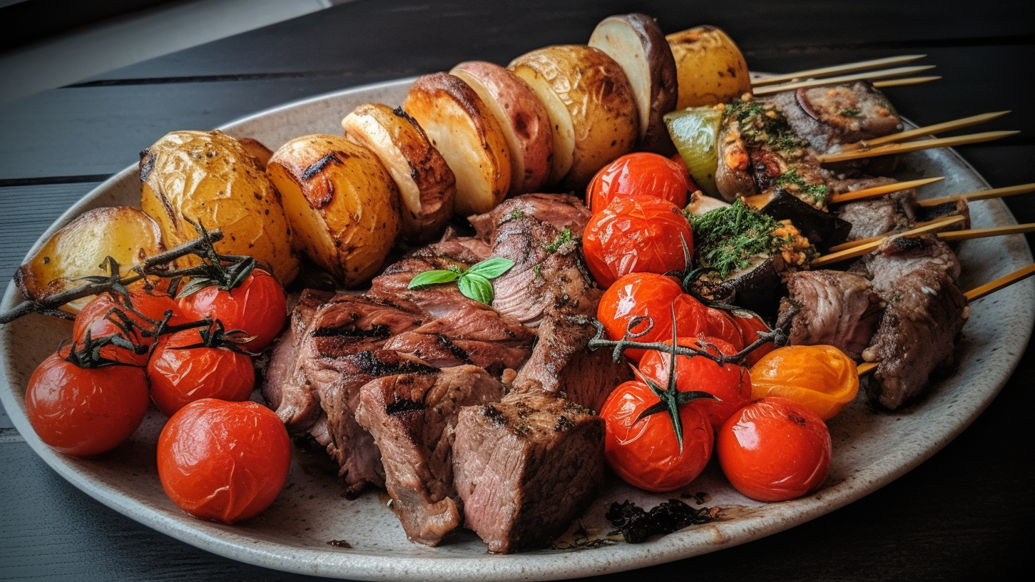 Image of Smoked Leg of Lamb with Potatoes and Tomato Skewers