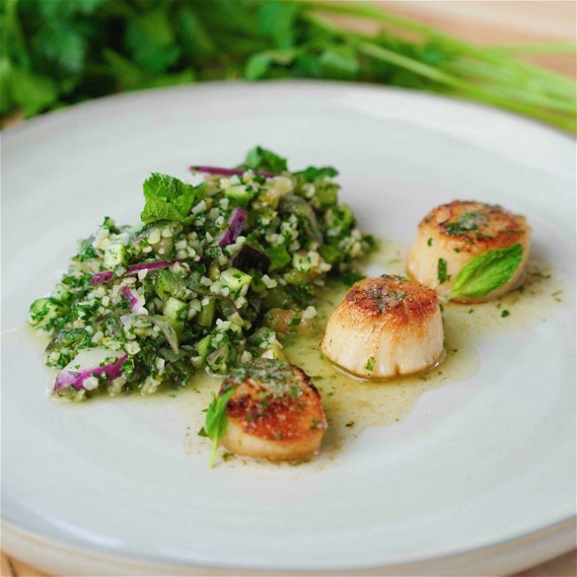 Image of Pan Seared Scallops with Lebanese Tabbouleh Salad