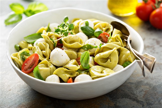 Image of 10 Minute Tortellini Caprese Salad with Pesto
