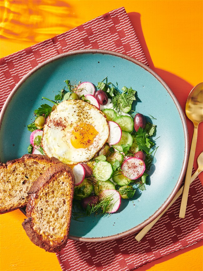 Image of Herb and Veggie Yogurt Bowl with Fried Egg