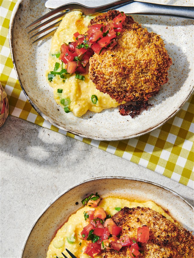Image of Oven-Fried Chicken with Cheddar-Scallion Polenta and Fresh Tomato Salsa