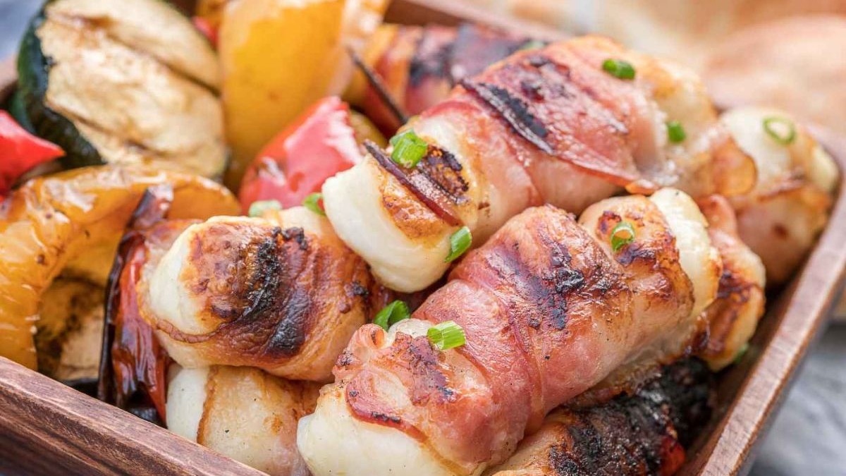 Image of BBQ Bacon Wrapped Haloumi and Veggies
