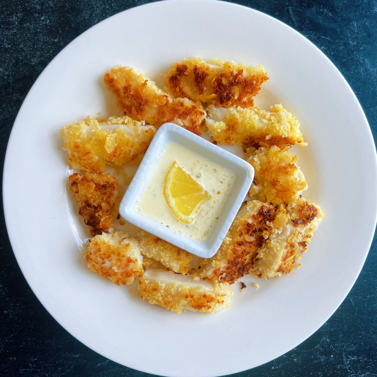 Potato Chip-Crusted Halibut Sticks with Lemon Garlic Aioli