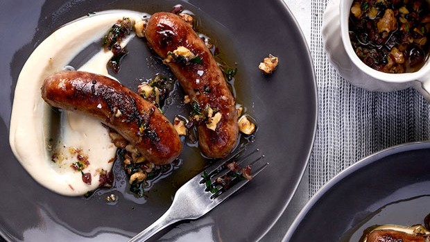 Image of  SAUSAGES WITH CAULIFLOWER PURÉE & HERB DRESSING