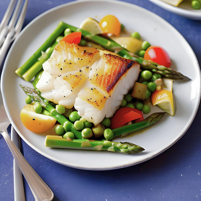 Image of Pan-Seared Cod with Spring Vegetables