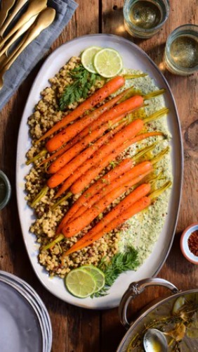 Image of Glazed Carrots with Carrot Top Tahini Sauce