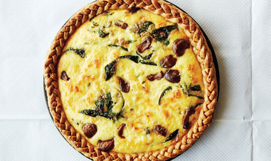 Caramelized Garlic, Spinach, and Cheddar Tart