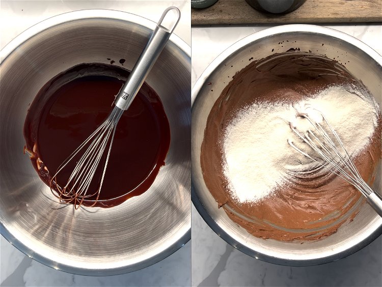 Image of Once the chocolate mixture has cooled, whisk in 150g caster...