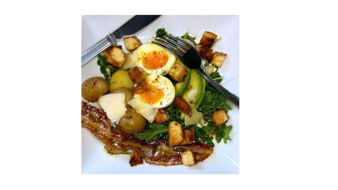Image of Sunday Brunch Salad with Bagel Croutons and Brown Sugar Glazed Bacon