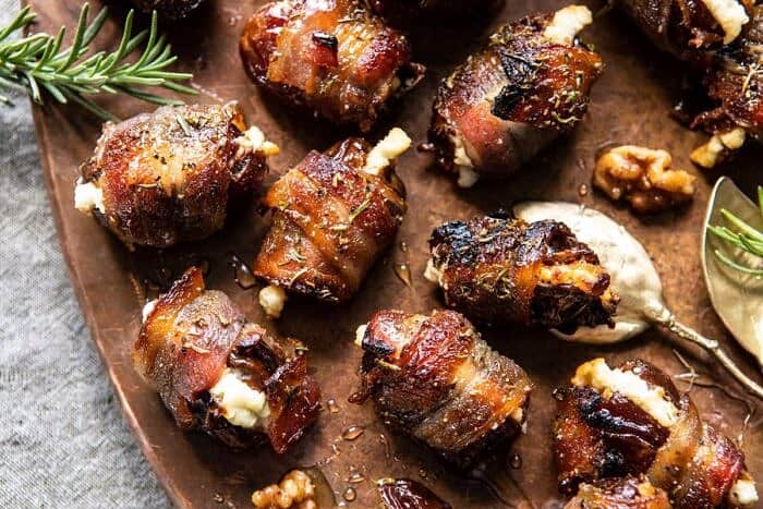 Bacon Wrapped Dates -- Stuffed Goat Cheese topped with Black Mission Fig Reduction