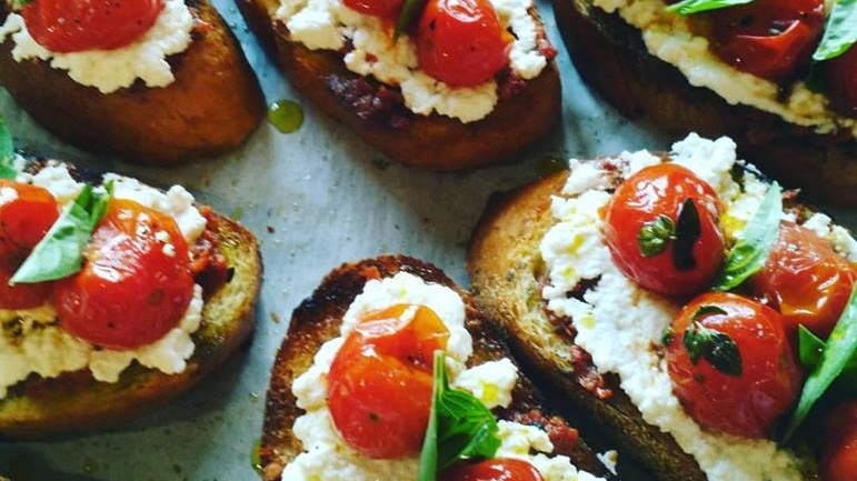 Image of Roasted Cherry Tomato Bruschetta with Basil and Ricotta