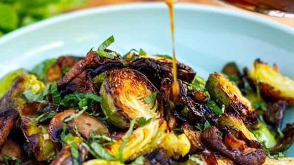 Image of Brussels Sprouts Caramelized with Cremini Mushrooms and Maine-ly Drizzle Pomegranate Quince Balsamic